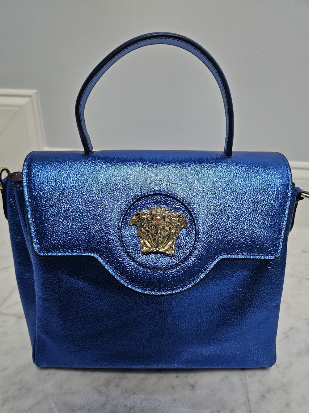 Metallic Blue Top-Handle Satchel with Gold Chain Accent - Picture 10 of 13